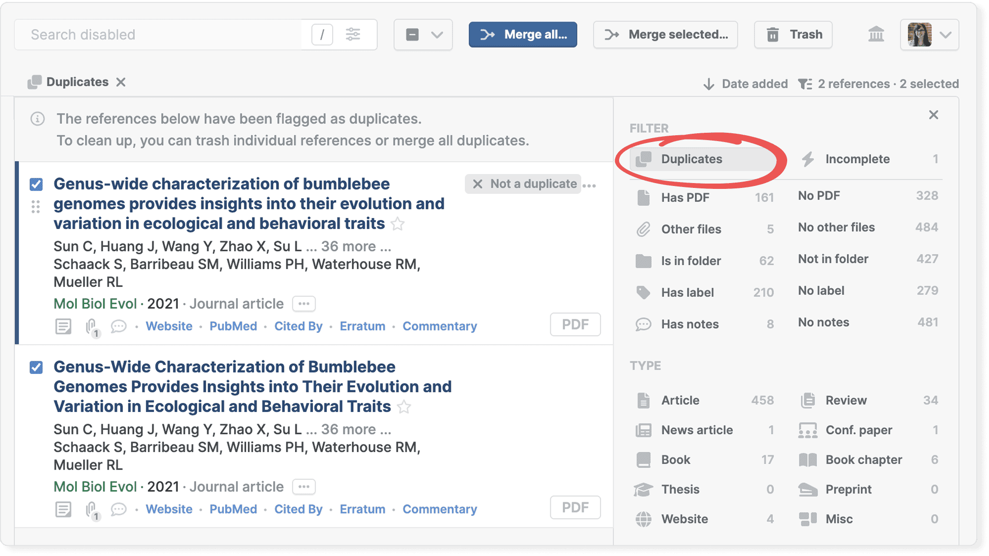 The Duplicates view with two flagged copies of the same paper selected, “Merge all…” and “Merge selected…” buttons in the toolbar, a “Not a duplicate” action on the first, and the circled Duplicates entry in the filter panel.